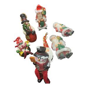 Lot Of 7 Christmas Ornaments Snow Man Santa Claus Vintage Shelf Sitter